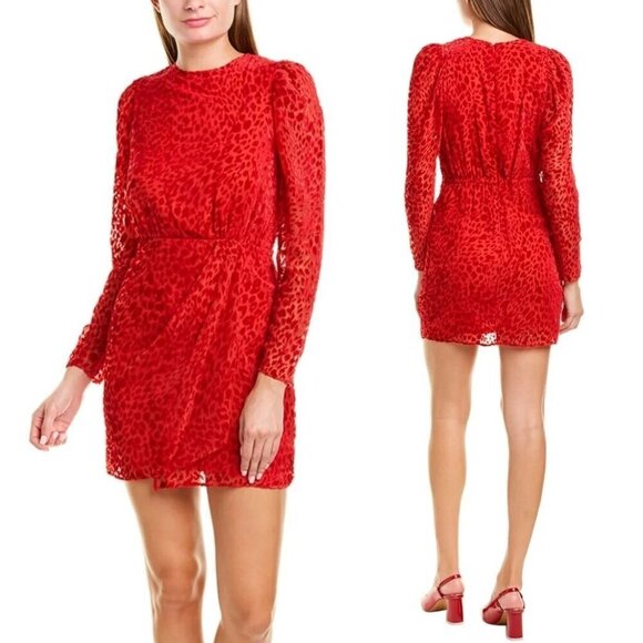 The Kooples Dress Women Large Red‎ Velvet Animal Print Puff Sleeve Mini Party - Picture 1 of 14